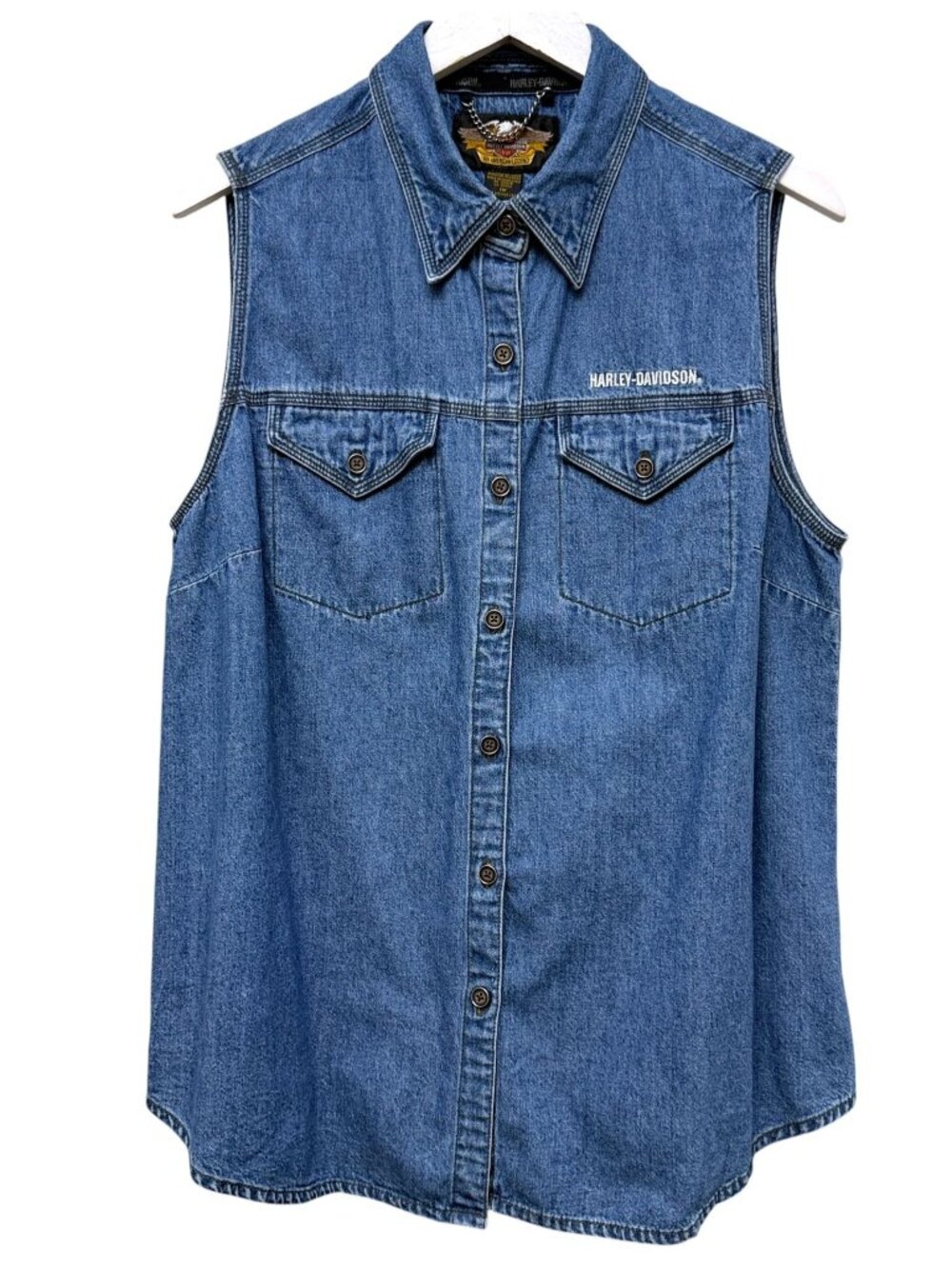 Vintage Harley Davidson Womens XL Denim Shirt Vest Embroidered Logo Motorcycle